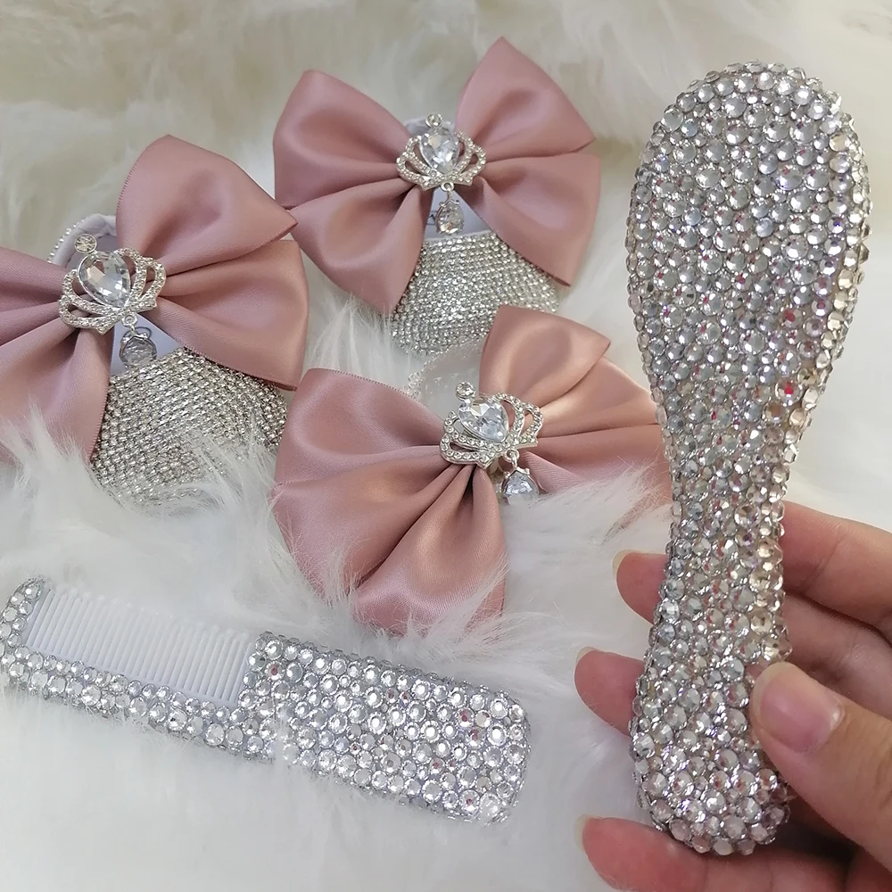 

Handmade Bow Rhinestones Baby Girl Kids Shoes Hairband Pacifier Clip Comb First Walker Sparkle Bling Crystals Shower Gift