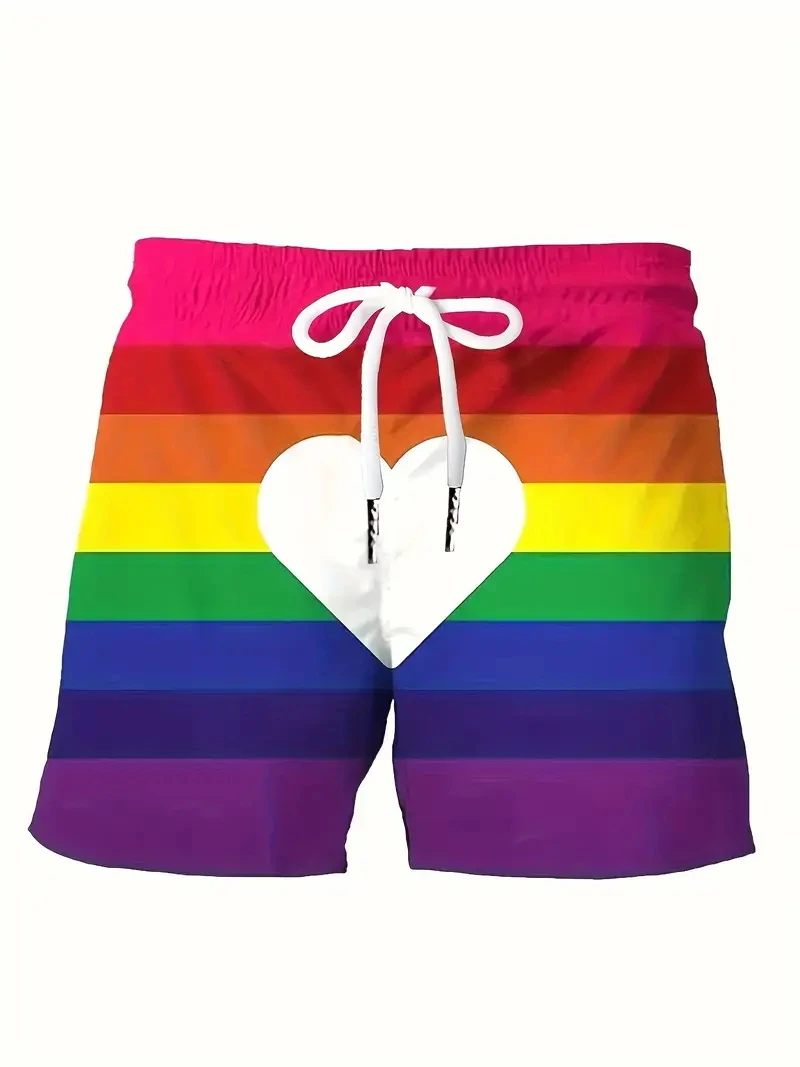 Adult Summer Rainbow Pattern 3D Printed Men's Fashionable Casual Sports Shorts, Suitable for Beach Vacation and Swimming Wear