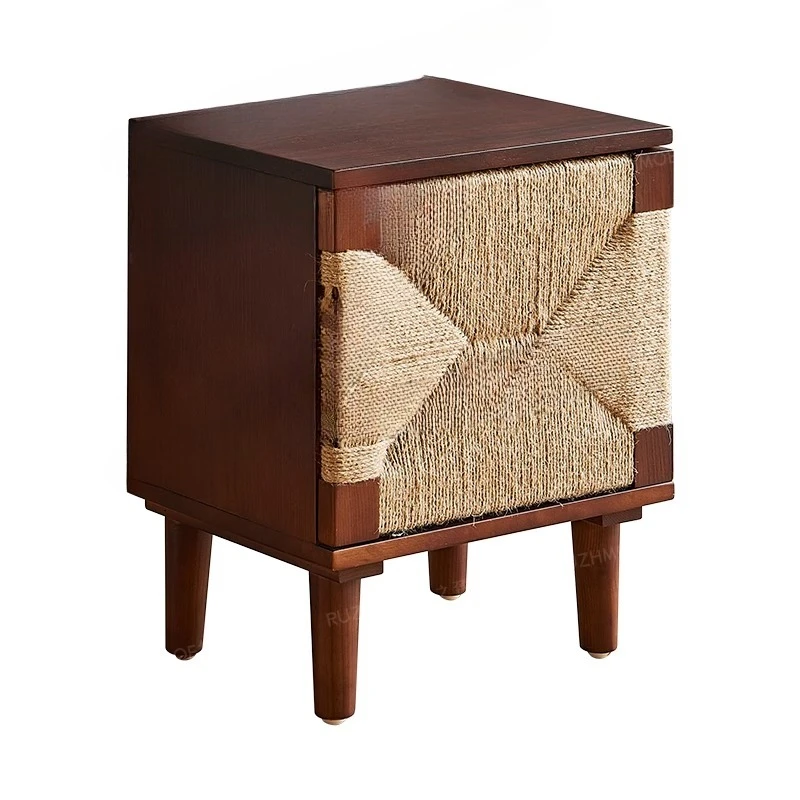 

Retro solid wood bedside table hand-woven small apartment locker small cabinet single door locker rattan