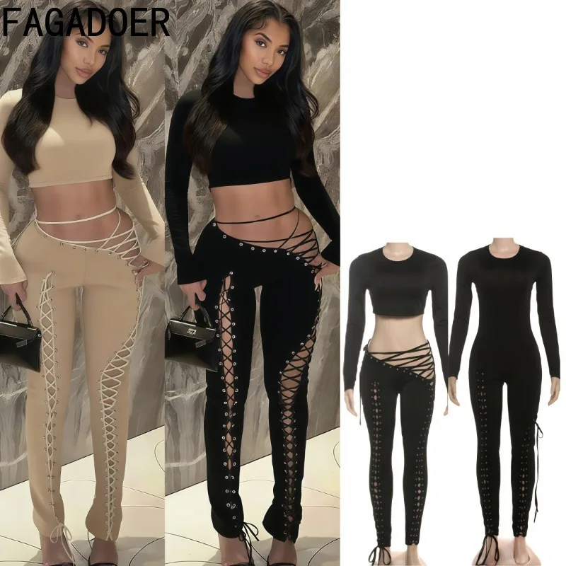 

FAGADOER Sexy Bandage Patchwork Woman 2 Piece Set Outfit Solid Color Long Sleeves Crop Top + Pants Midnight Female Streetwear