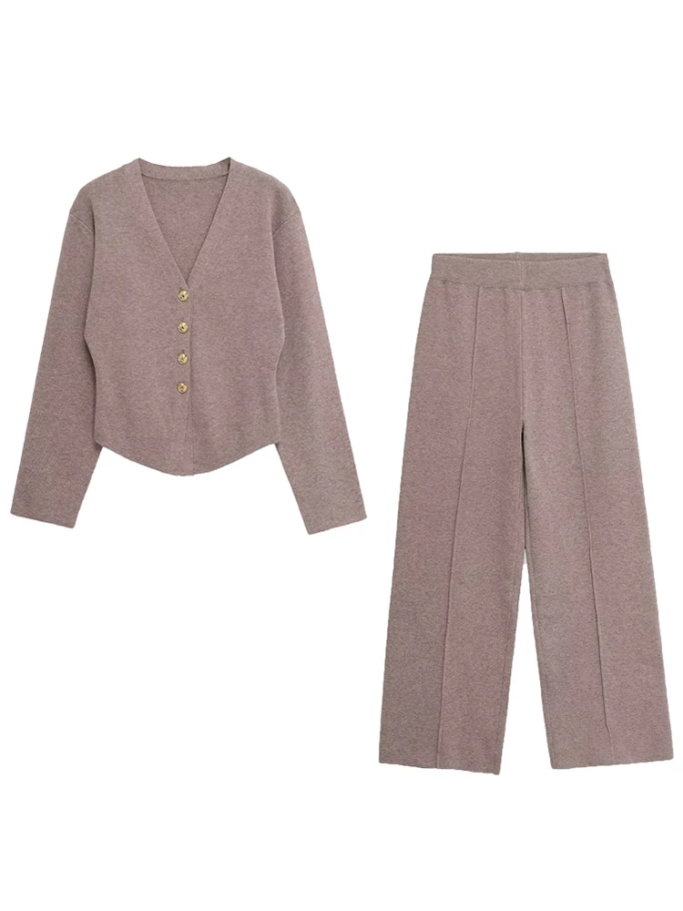 TFMLN 秋のストレートパンツセット レディース シンプルVネック 通勤トップス ファッション ハイウエスト ストリートウェア 女性用パンツ ツーピースセット