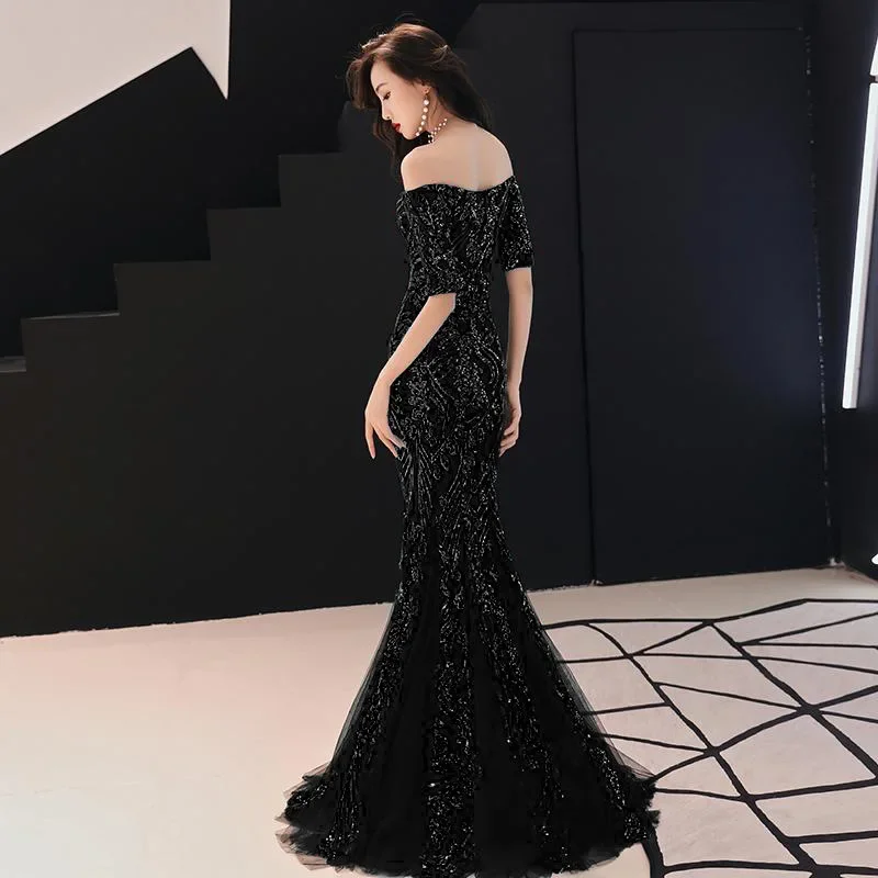 Evening Dress Black Sequins Stretchy Off shoulder Zipper Back Mermaid Trumpet Floor Length Women Party Formal Gowns YE122