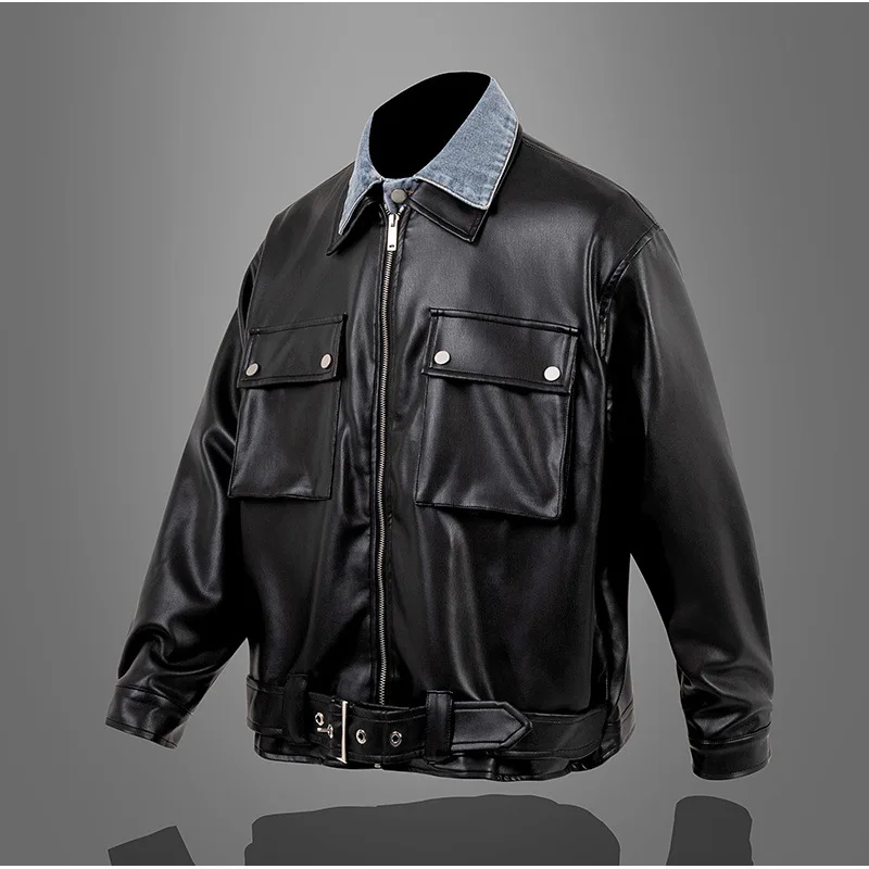 

Leather Jacket 2022 Autumn/winter Denim Lining Fake Two-piece Trendy Men's Jacket with Lapel Leather Jacket Fashion Leather