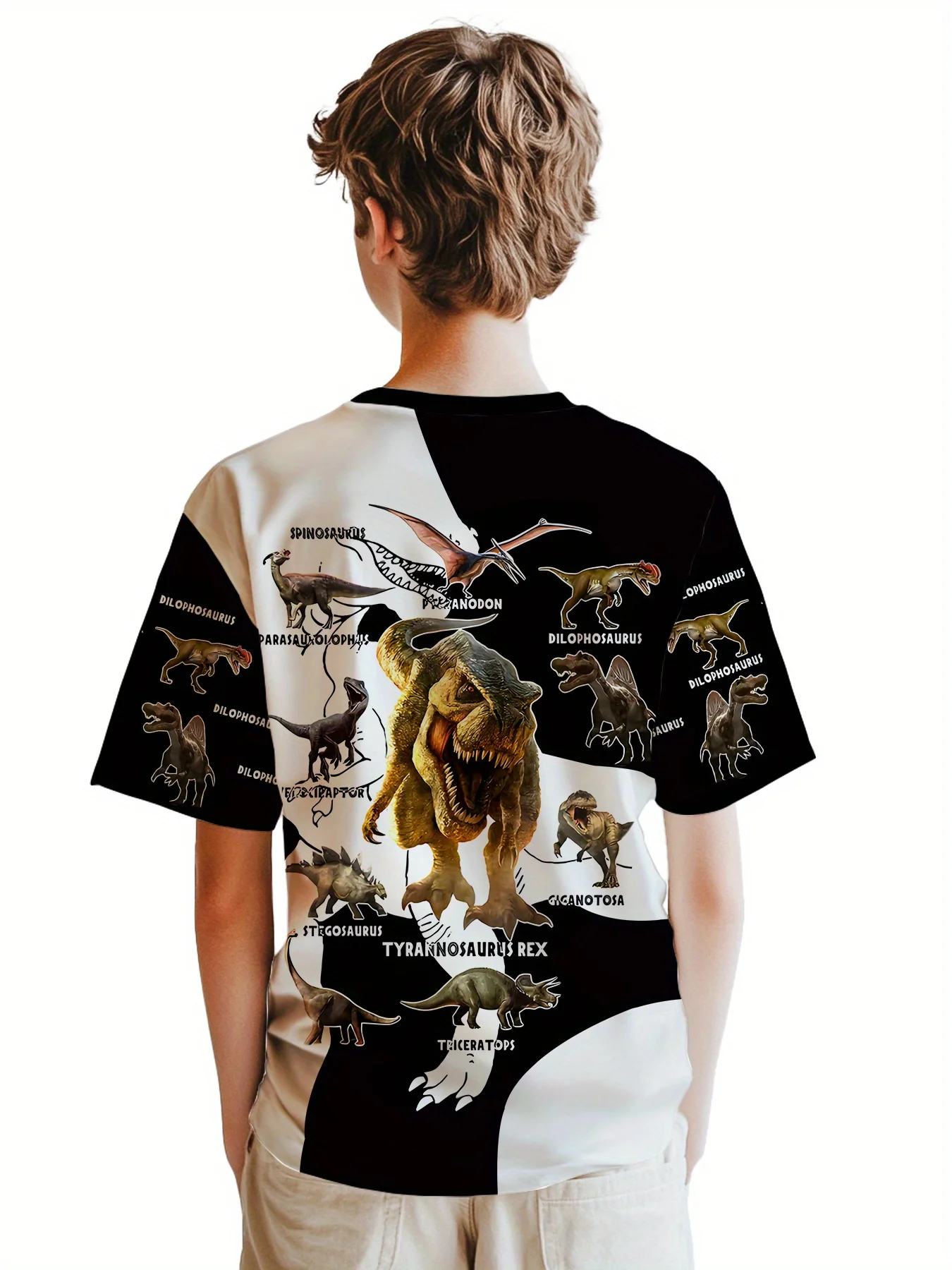 Boys Jurassic Dinosaur Field‑Guide T‑Shirt Black‑White Contrast T‑Rex Print, Trendy Science‑Style Top For Dinosaur‑Loving Boys