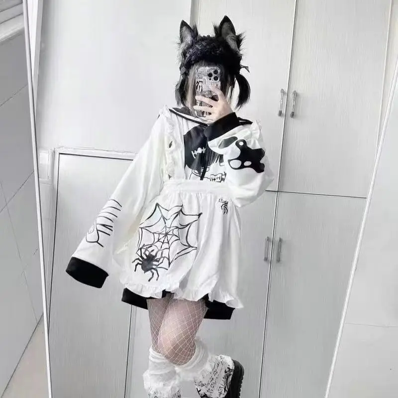 Black White Cat Ear Hoodies Women Japanese Preppy Style Harajuku Sweatshirt Sailor Collar Zipper Casual Sudadera Mujer Y2k