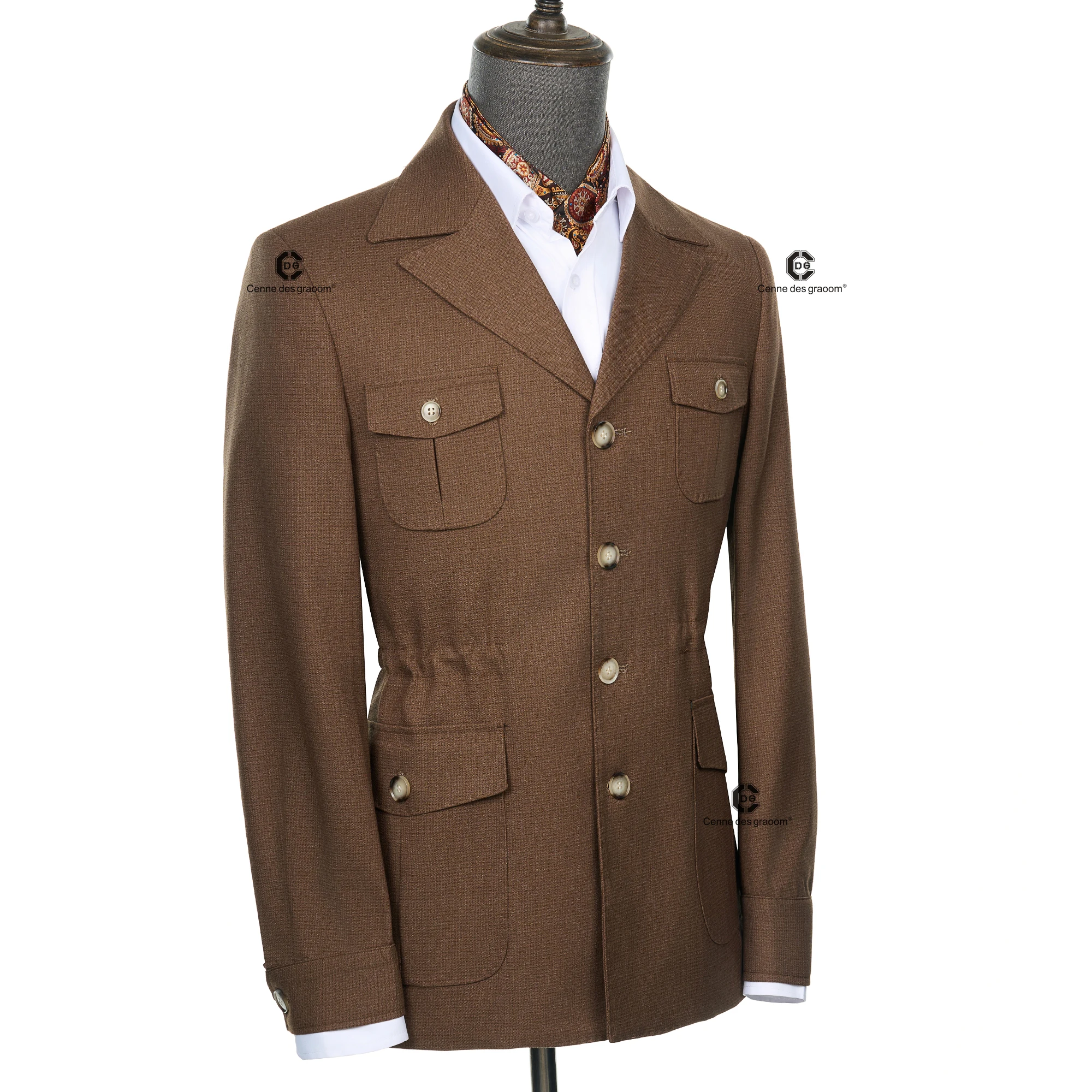 Cenne Des Graoom 2025 New Fashion Vintage Hunting Outfits for Men Brown Safari Jackets with Multi Pockets Casual Wear Formal view 3