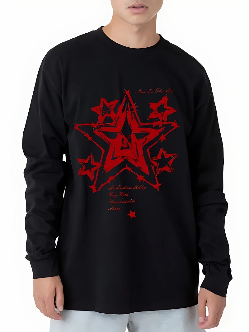 

Черная футболка с длинными рукавами и принтом звезд, художественная осенне-зимняя толстовка с круглым вырезом 2025 года для мужчин и женщин, топ