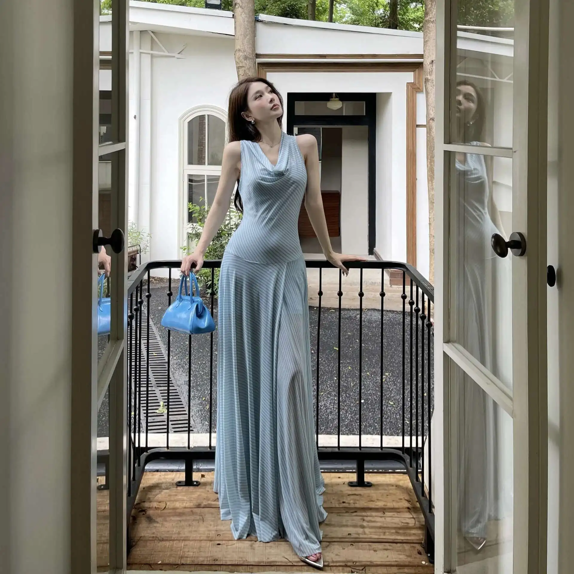 

French Xy25184 New Style Elegant High-end Swing Collar Striped Halter Dress Summer Waist-cinching Dress Dress Robe Vestido Women