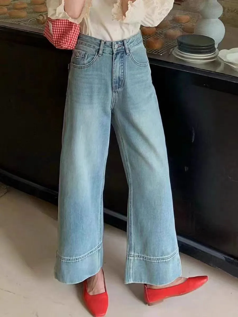 

ZHISILAO Blue Vintage Ankle-length Denim Pants Casual Loose High Waist Wide Leg Denim Pants Streetwear 2024