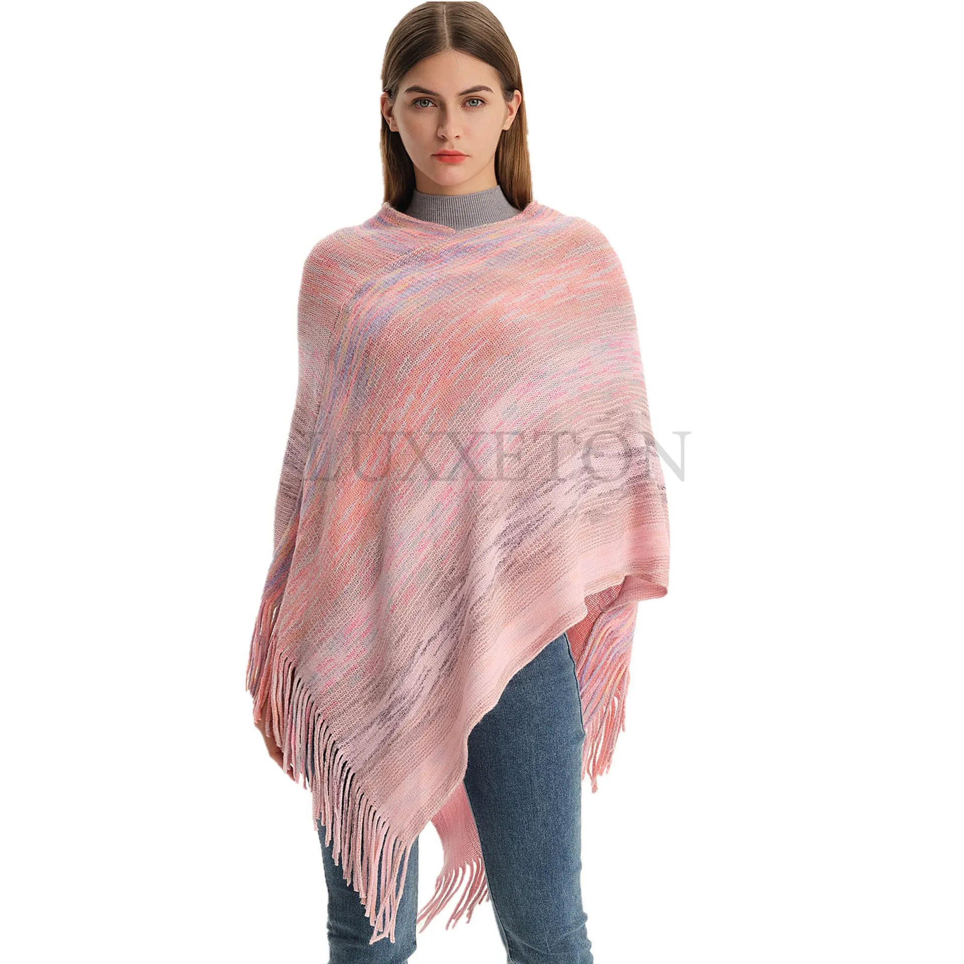 Rainbow Knitted Oversized Sweater Female Autumn Winter Fashion Tassel Knitwear Women Capes Ponchos Pullover Cloak Shawl Top