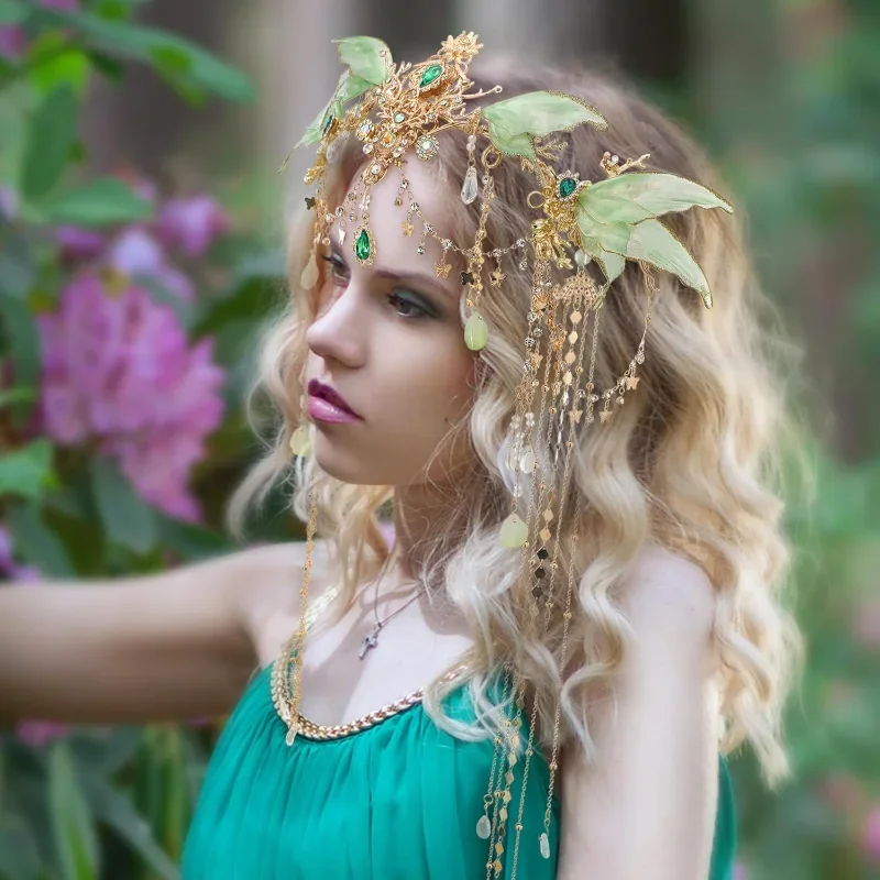 غطاء رأس على شكل تاج الجنية على شكل فراشة مع أجنحة فراشة تيارا مع شرابة إلفين لحفلات الزفاف والهالوين الخيالية للنساء