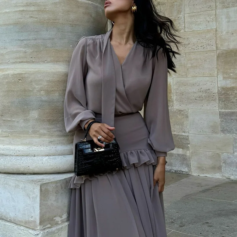 

Spring Sexy V Neck Tie-up Top Pullover & Boho Skirts Set Autumn Solid Ruffle Chiffon Outfit Women Elegant Long Sleeve Loose Suit