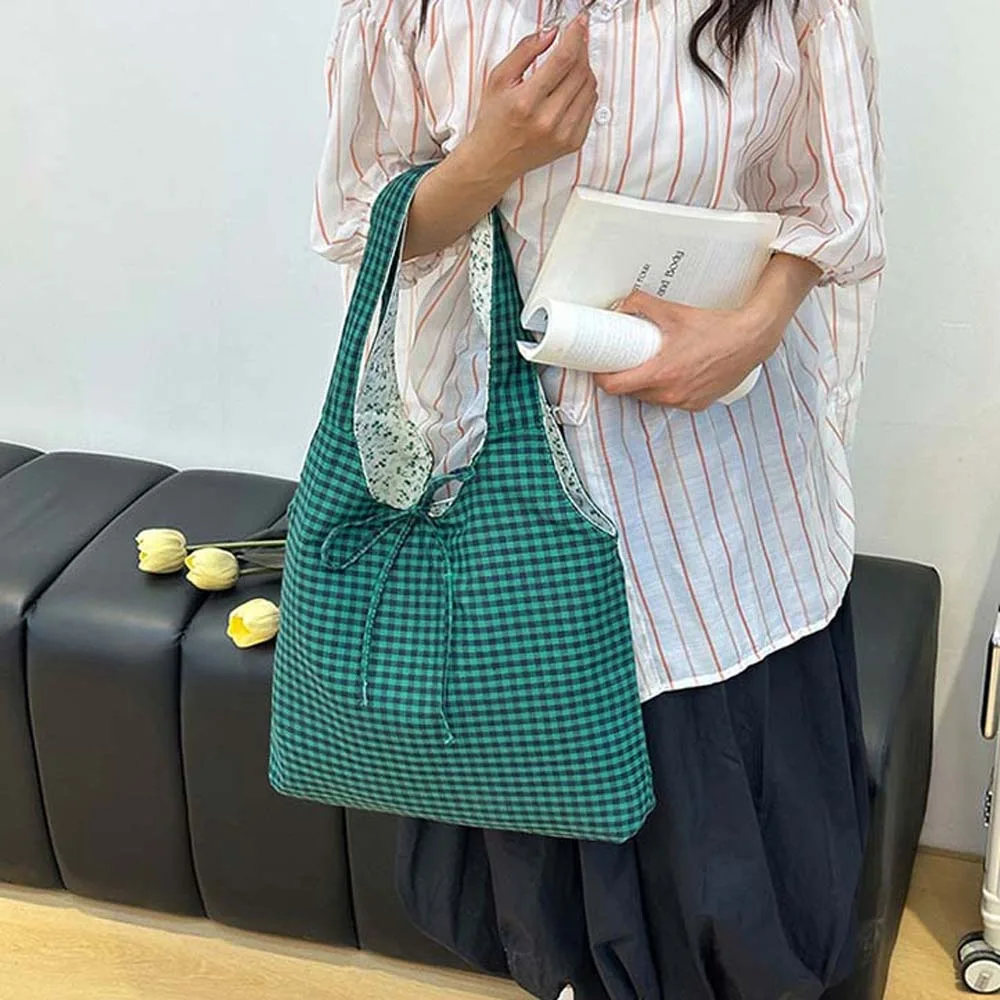 

Sweet Double-sided Shoulder Pouch Contrast Color Bow Plaid Cloth Vest Pouch Large Capacity Versatile Women Floral Handbag
