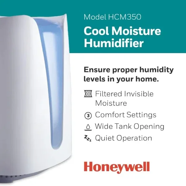 Honeywell Cool Moisture Humidifier, Medium Room, 1 Gallon Tank, White – Invisible Moisture Humidifier for Baby, Kids