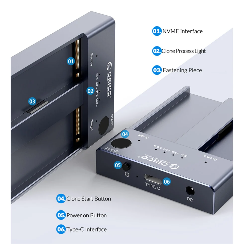 Imagem -05 - Orico-duplicador Ssd Dual Bay Gabinete Clone M.2 Nvme Offline 10gbps Gen2 Usb 3.0 Caixa de Armazenamento m2 Cópia do Disco Rígido Caixa Externa