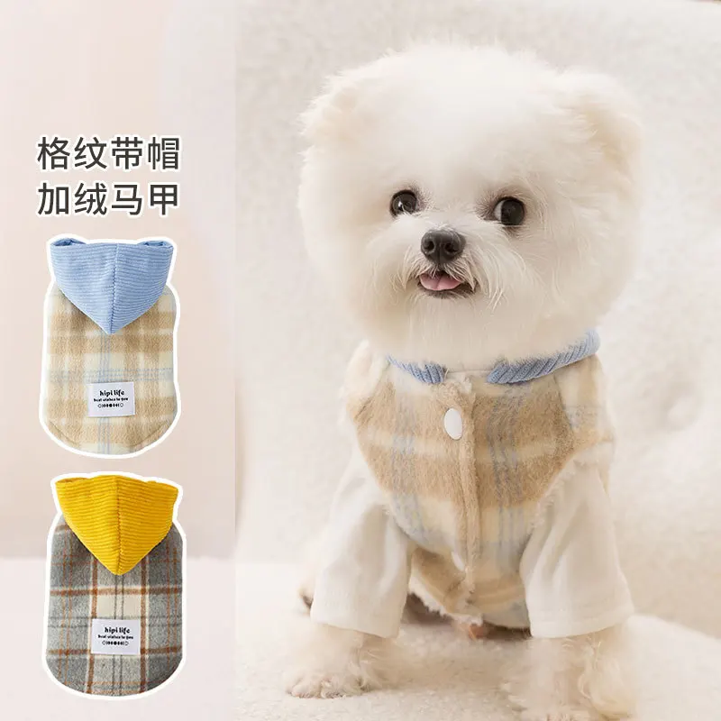 Dog Thickened and Plush Chessboard Plaid Hood Traction Vest Cotton Coat Cat Winter Pet Clothing Dog Costume Autumn and Winter