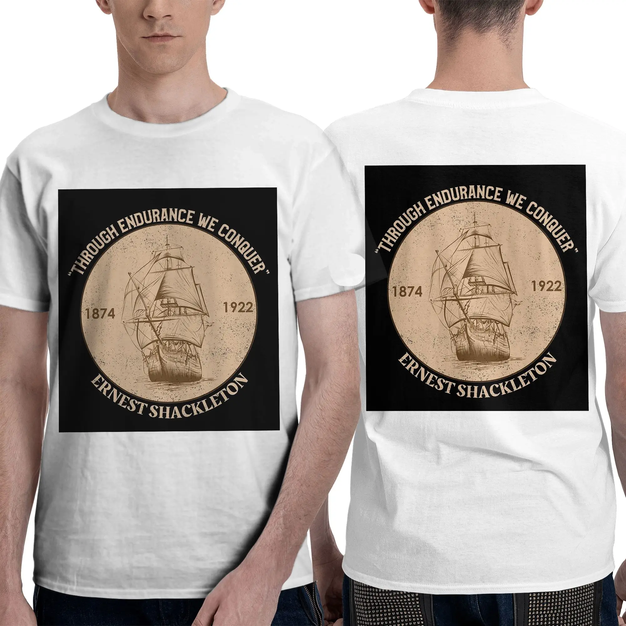 Sir Ernest Shackleton - Through Endurance We Conqu Men T-Shirt Double Sided Plus Size T Shirts Men's Tees Short Summer Male