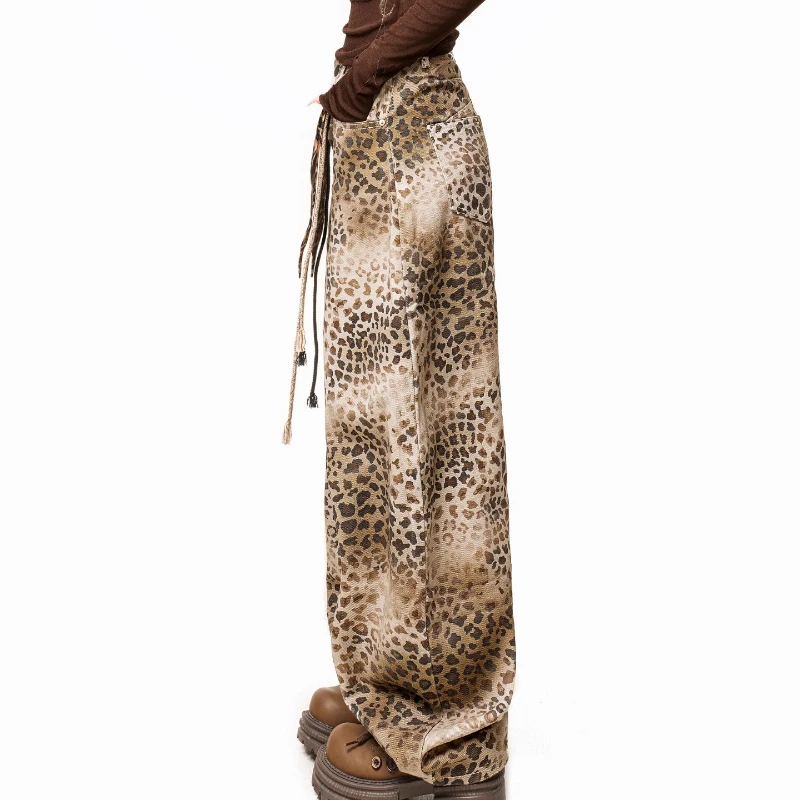 American Retro Leopard Print Women's Jeans Autumn Winter Jazz Sweet Cool Hot Girl Loose Versatile Straight Wide-Leg Pants Girl