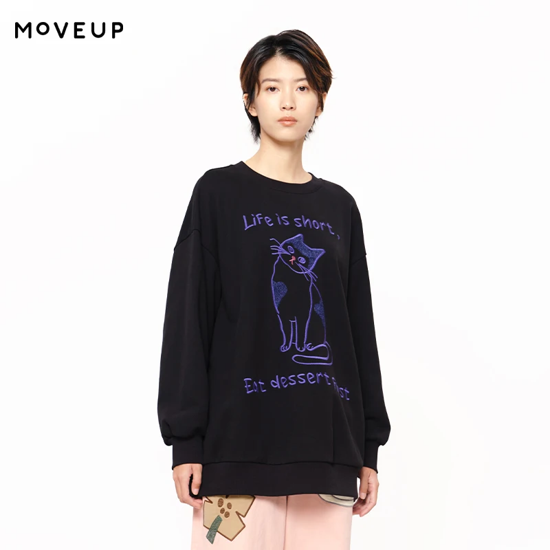 

MOVEUP Round Neck Long Sleeved Sweatshirt Autumn Cat Letter Embroidery Casual Commuting Knitted Pullover Top For Women 3EWQ11499
