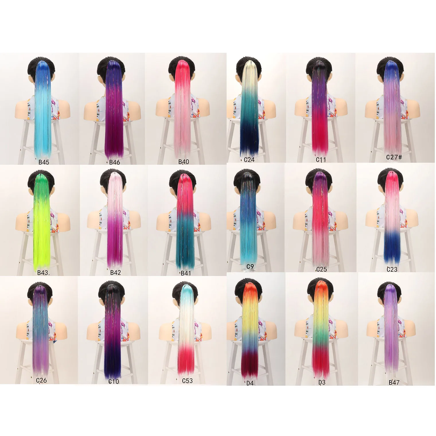 Ponytail Hair Extension Rainbow Glitter Color Ponytails Tinsel Shiny Synthetic Hairpiece for Girls Ladies Cosplay Drag Party