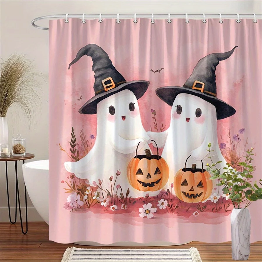 New in 2026 1pc Halloween Shower Curtain - Playful Ghosts with Witch Hats & Jack-O'-Lanterns Digital Watercolor Design on Soft Pink Background, Durable Polyester Fabric, 70.86x70.86 Inch with 12 Hooks, Machine Washable Bathroom Decor, Spooky Seasona
