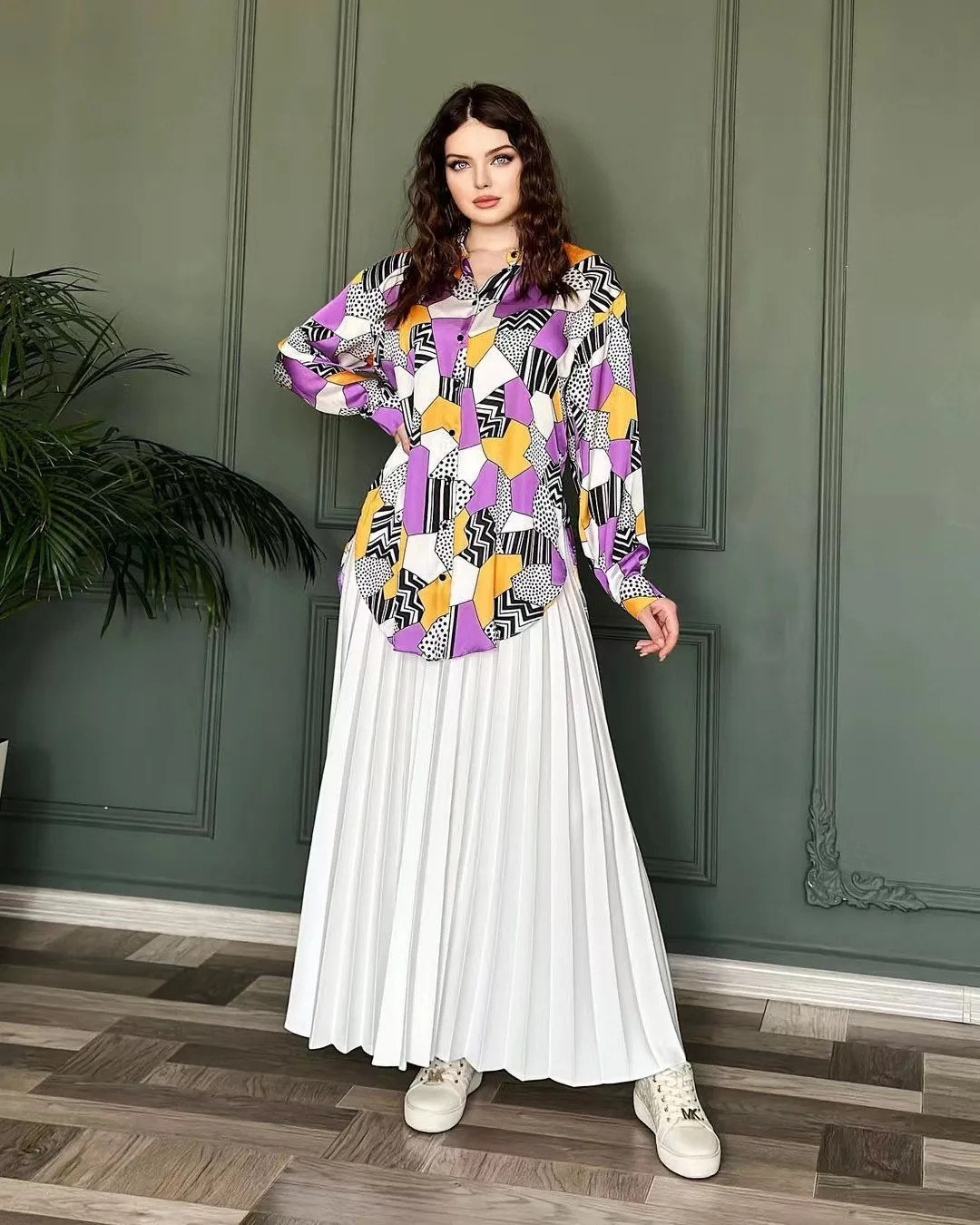 Printed irt Pleated Skirt Set Women's Faion Ensemble Autumn 2023 Gauze Fabric f-length Skirt Matching Top Set