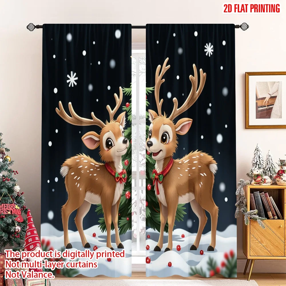 

2pcs 2D flat printing Christmas Curtain Cute Deer Christmas Festive Scene Polyester Fabric Without Electricity Festive Holiday
