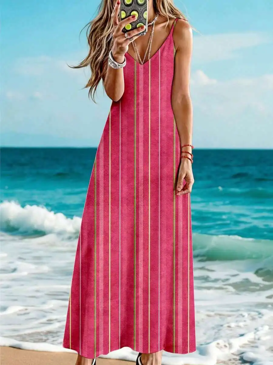 

Women Sleeveless Maxi Dress Pink Vertical Stripes Beach Vacation Summer Casual Long Dress
