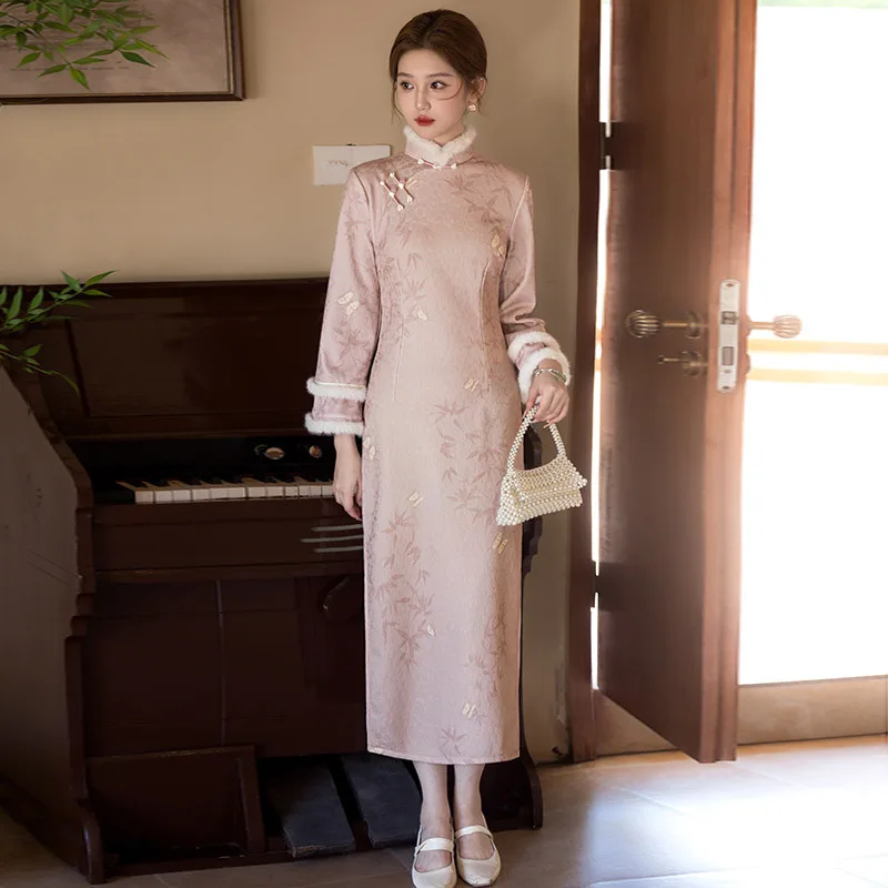 

Yourqipao Winter Pink Fleece-Lined Thick Long Fashion Cheongsam Traditional Chinese Style Banquet Party Qipao Dress for Women