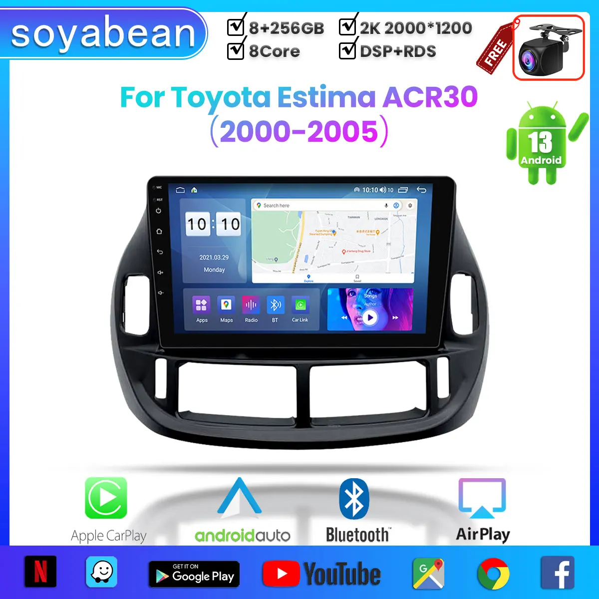 

Android 13 Car Radio for Toyota Estima ACR30 2000-2005, 10inch 2K Multimedia Player with 4G Carplay DSP & 2Din GPS Navigation.