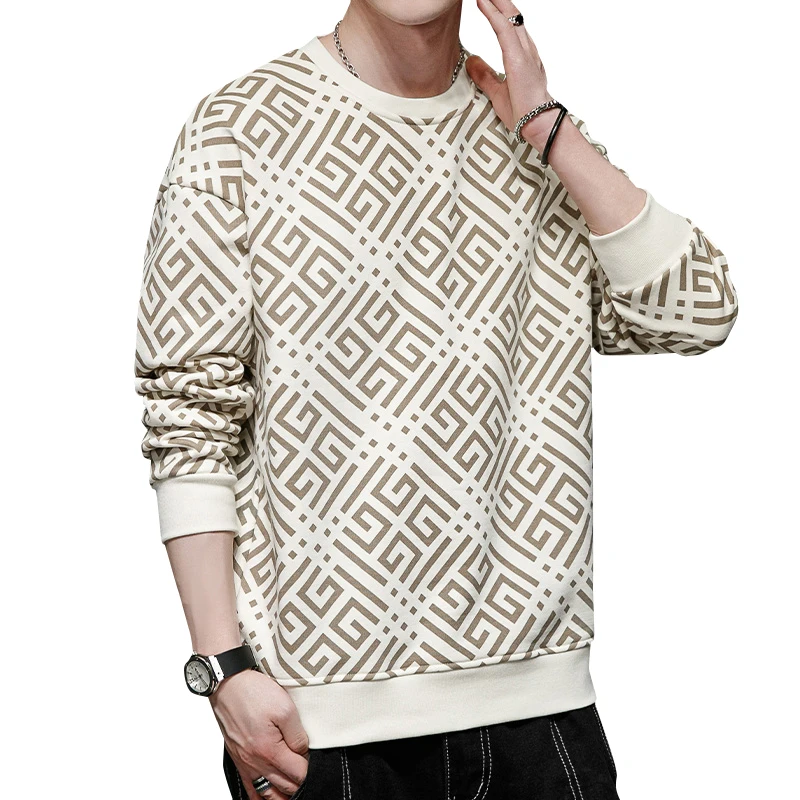 Spring Autumn Men's Solid Round Neck Geometric Graphic Printed Lantern Long Sleeve Sports Loose Hoodies T-shirt Fashion Tops