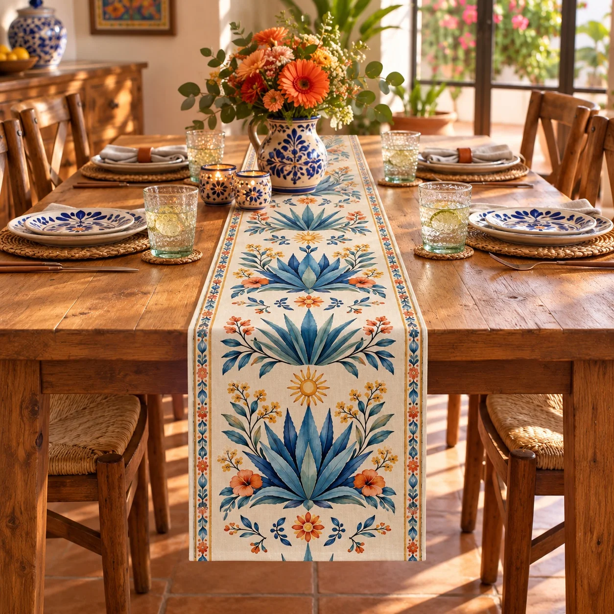 Mexican Agave Floral Table Runner Southwestern Botanical Dining Table Decor Farmhouse Kitchen Home Party Decoration