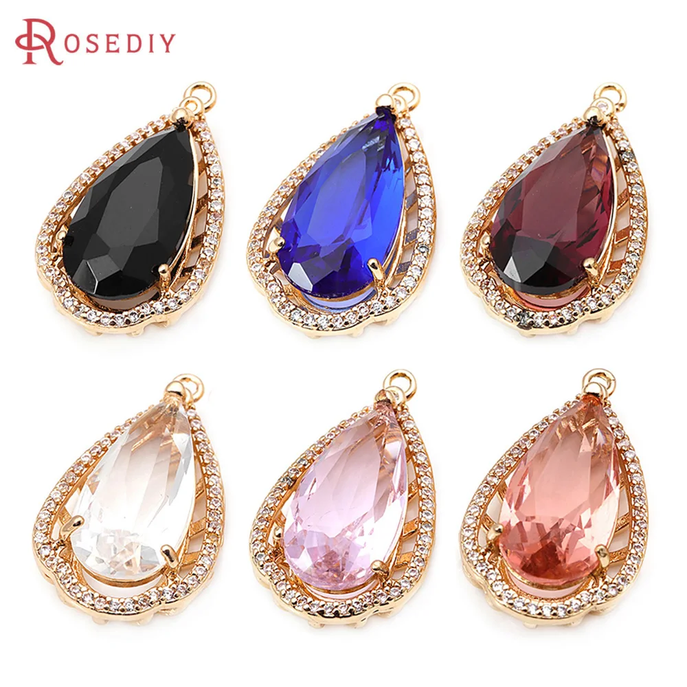 

18K Gold Color Brass Glass Drop Shape Charms Pendants Necklace Earrings High Quality Jewelry Diy Accessories Making Materials