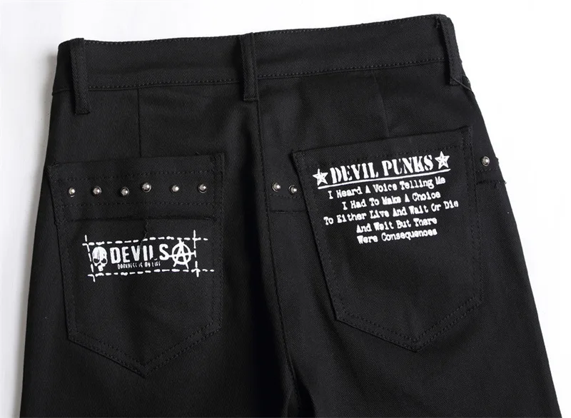 Men's Y2K Gothic Ripped Skinny Jeans Punk Rivet Patch Black Denim Pants Skull Letters Printed Slim Straight Trousers - Image 5