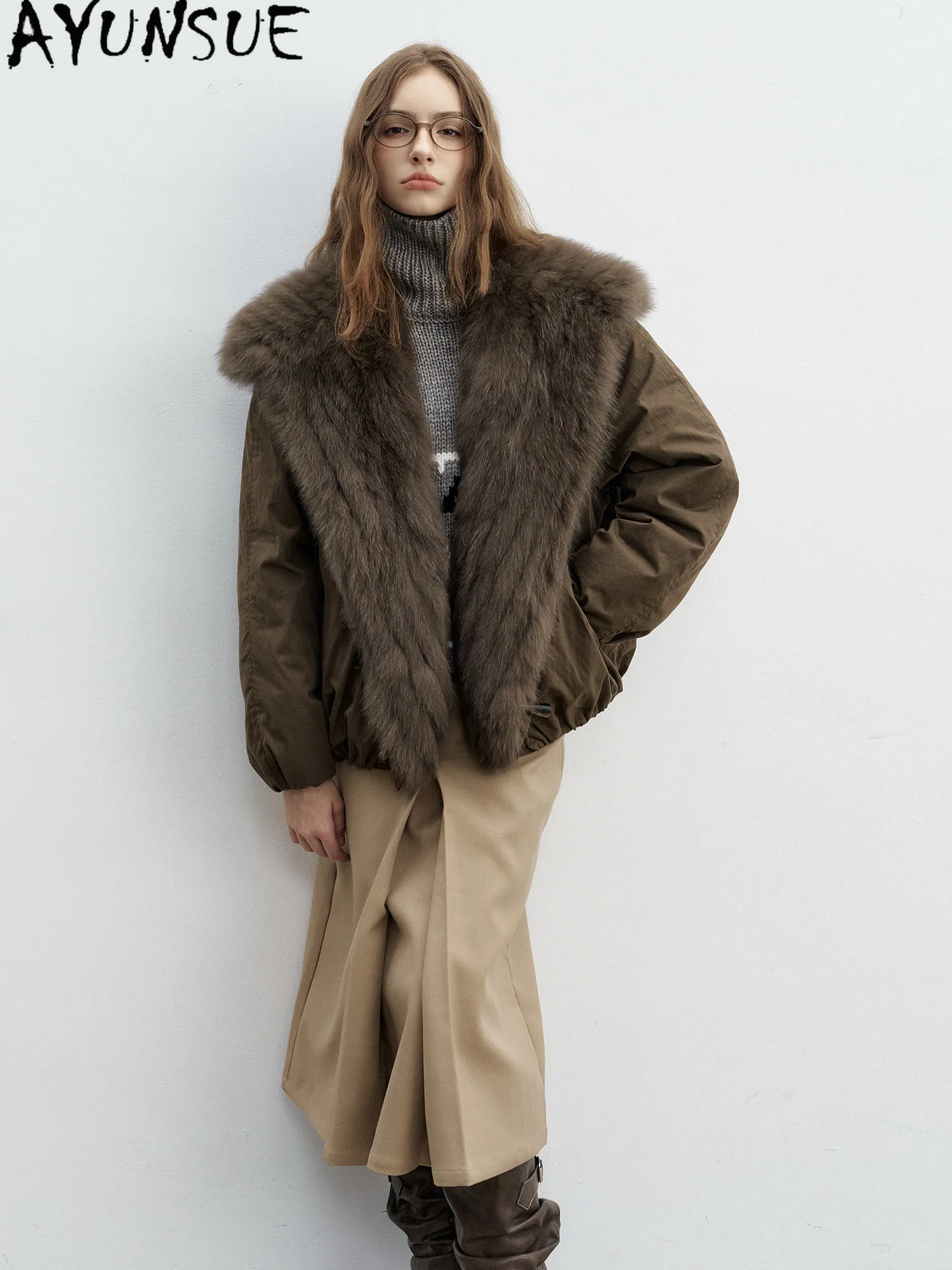 AYUNSUE High-quality White Goose Down Coat Woman Fox Fur Collar Parka Winter Jacket Women Clothes Loose Fit Fashion Abrigo Mujer