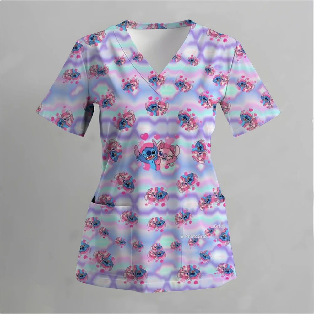 Lilo &Stitch Disney Summer Pocket New Woman T-shirts Hospital Nurse Uniform T-shirt Y2k V Neck Clothing Uniform Pocket Neck Y2k image 4