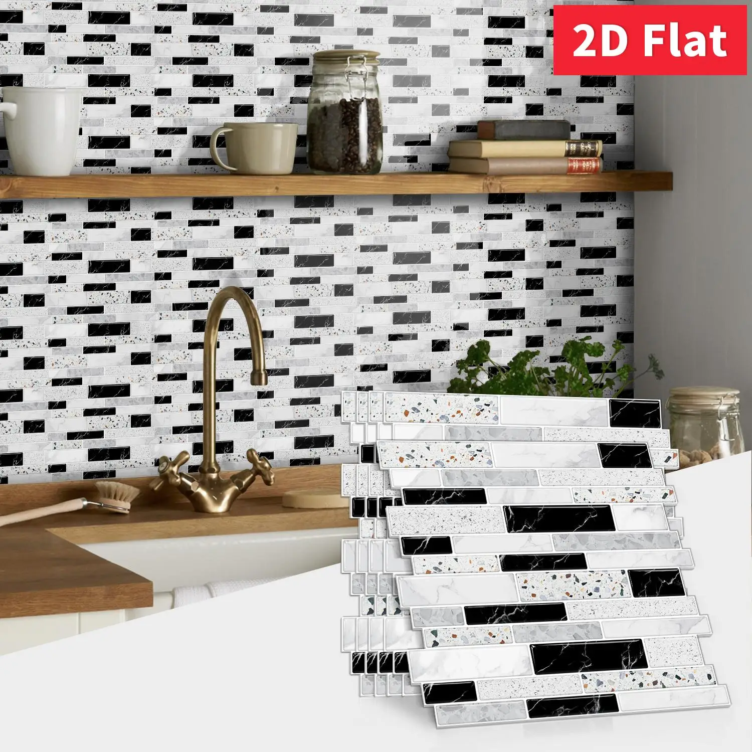 Black White Terrazzo Peel and Stick Tile 12×12 Inch Thick Foam Wall Sticker Waterproof Kitchen Backsplash