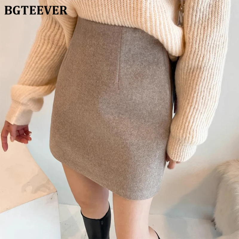 BGTEEVER Elegant Thicken Warm Woolen Skirts for Women Autumn Winter High Waist Female A-line Mini Skirts