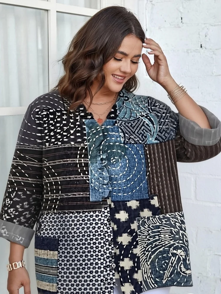 

Women's Clothing PLUS SIZE Vintage Colorblock Striped Print Blouse Ruffle Stitching V-Neck Shirt Bohemian Trendy Versatile Tops