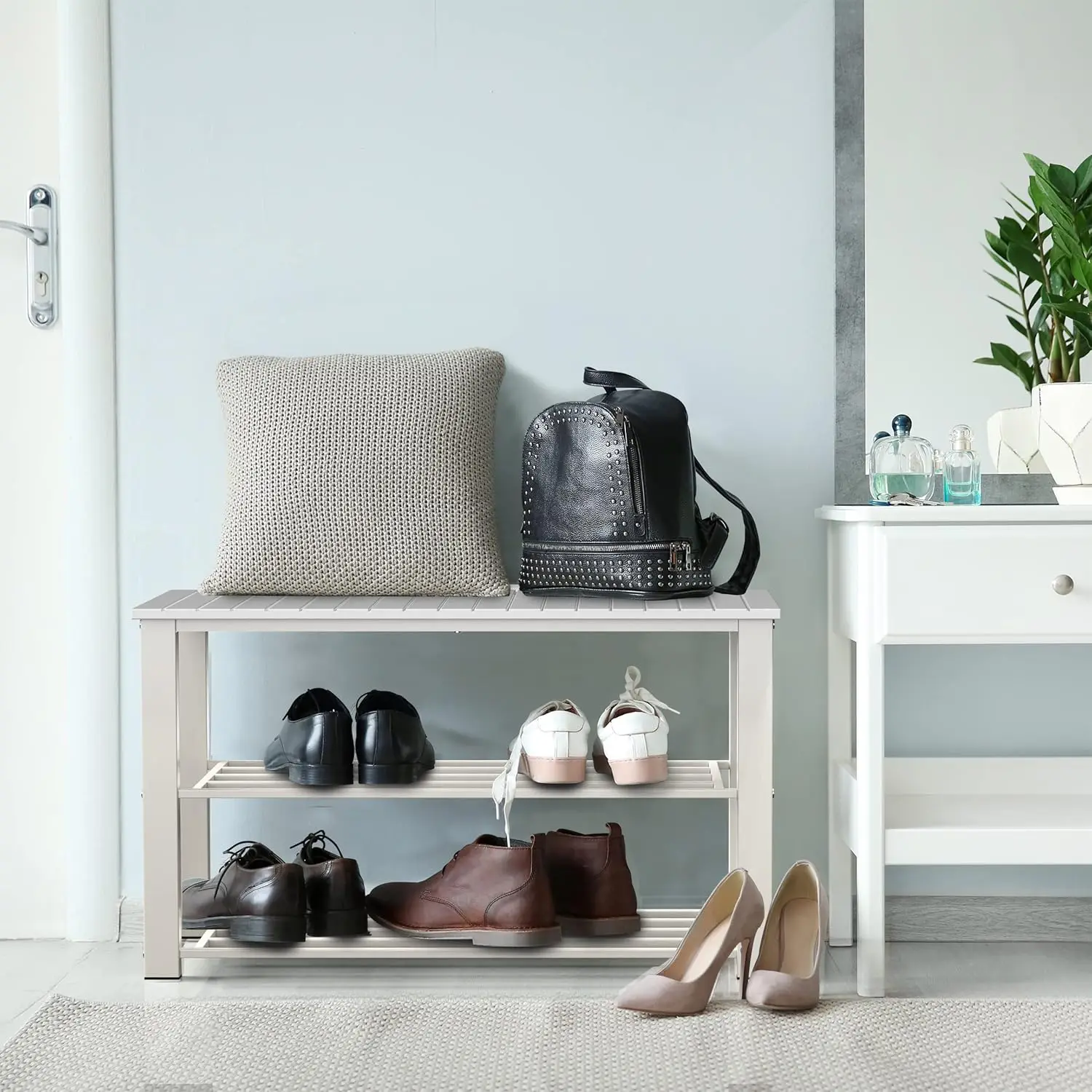 

**/Houseware Wooden Top Shoe Bench Organizer For Entryway Storage, White