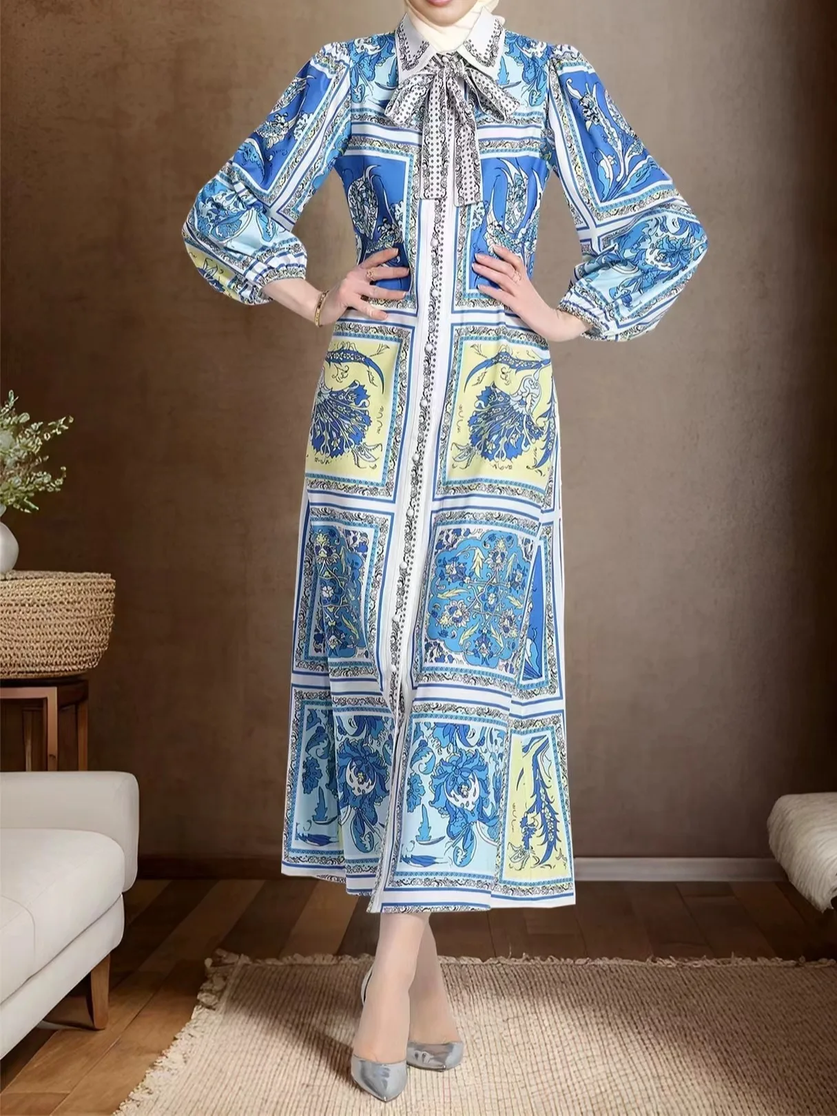 

Ele Floral Long Sve Dr Women's Ethnic 2024 Sle Indonesian Malay Indian Fem Long Dr Ladylike Knot