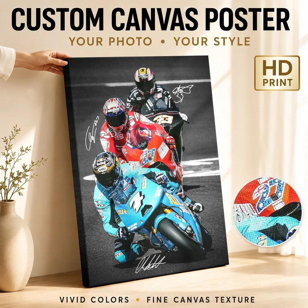 MotoGP Three Rider Race Framed Canvas Poster High Speed Graphic Style Wall Art With Customized Photo For Garage Ideal Fan Gift