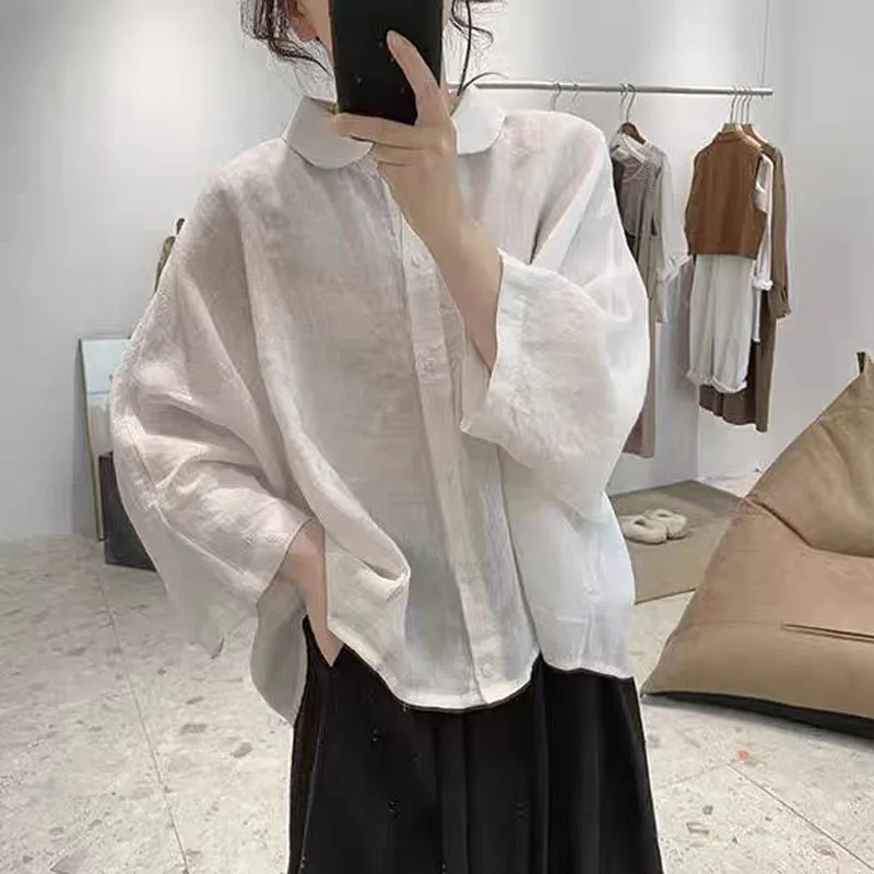 Women Cotton and Linen Spring Lapel Collar Tops 3/4 Sleeve Batshirt Loose Large Size Solid Color Casual Comfortable POLO Shirt