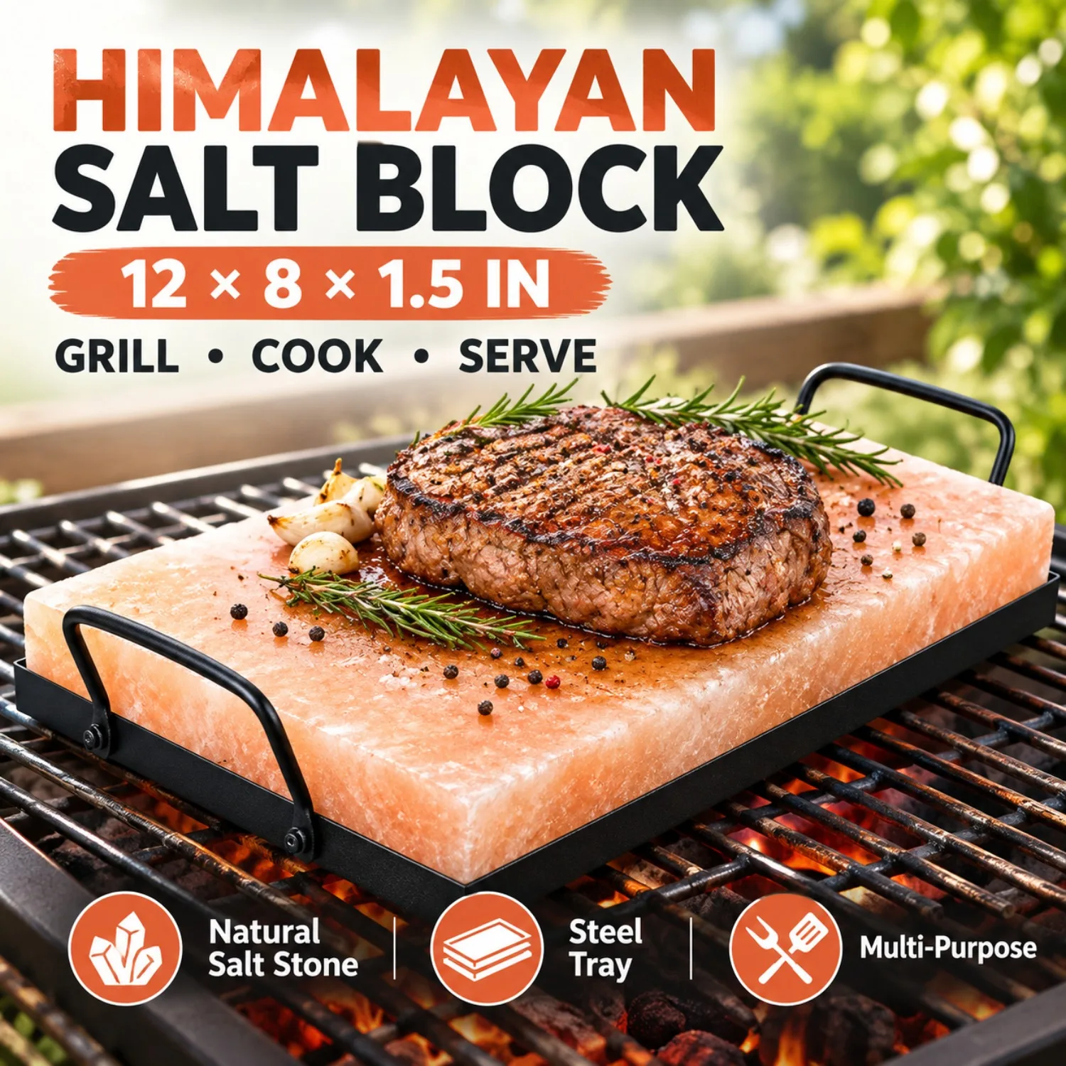 Himalayan Salt Block with Steel Tray, 12×8×1.5 Inch Natural Salt Cooking Plate for BBQ Grilling, Cooking & Serving