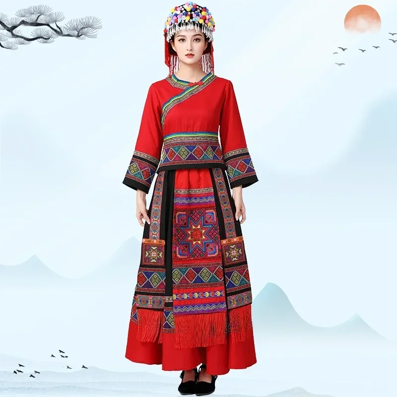 2025เสื้อผ้าหญิงMiaoเครื่องแต่งกายเต้นรํามีนาคม3Guangxi Zhuang Yao Tujiaตกแต่งชุด3ชิ้น