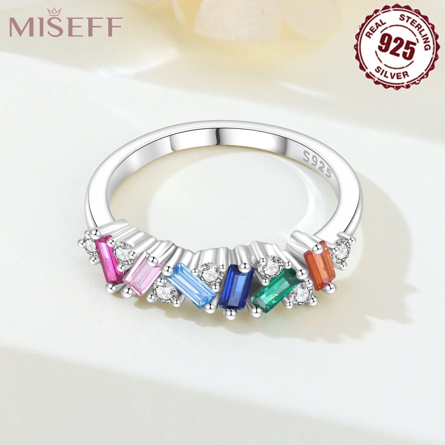 925 Sterling Silver Multicolor Baguette CZ Rainbow Ring Original Exquisite Design Fine Jewelry Birthday Holiday Gifts For Women