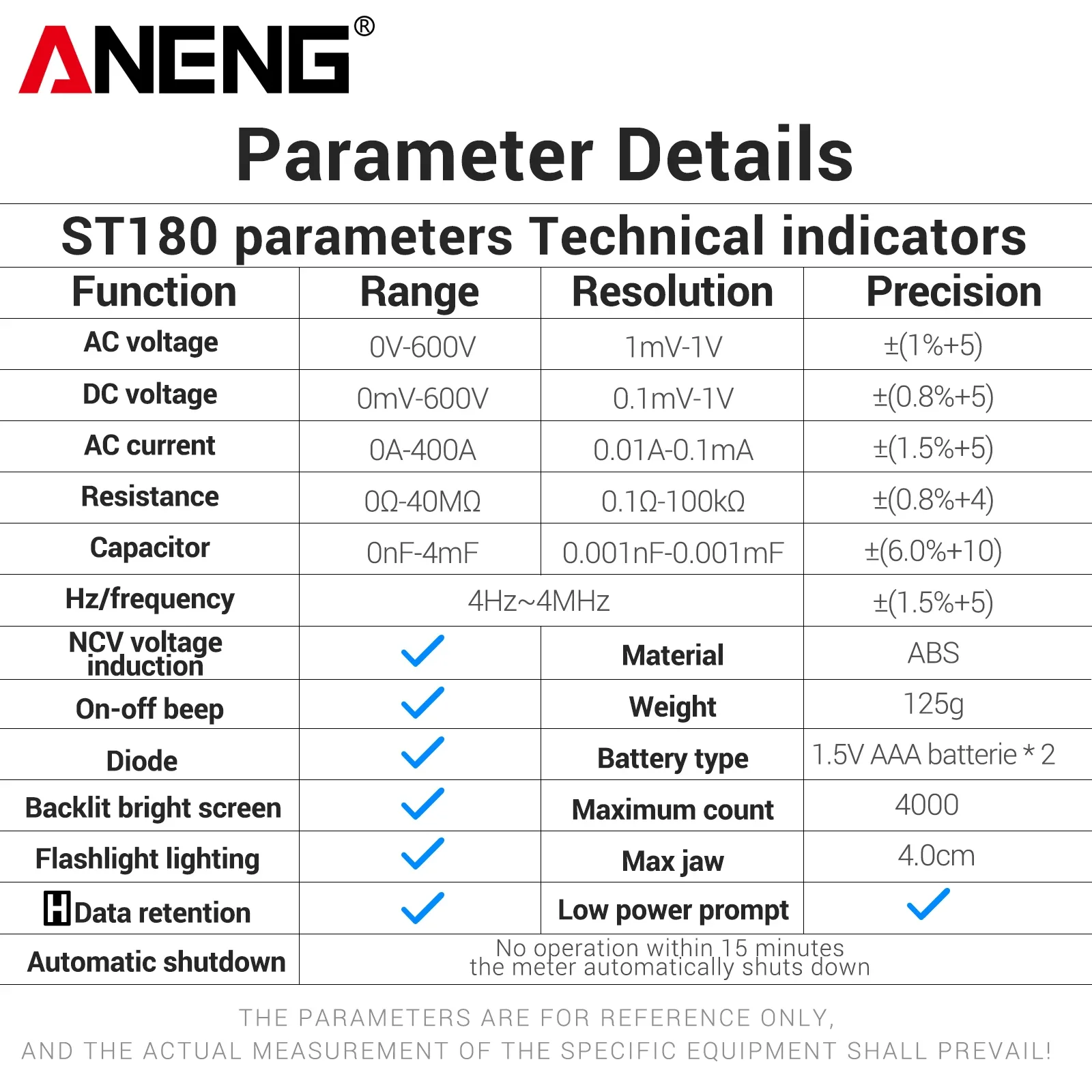 ANENG ST180 Digital Clamp Meter 4000 Counts AC 400A AC DC 600V NCV Capacitance Frequency Diode Tester Electrician Repair Tool