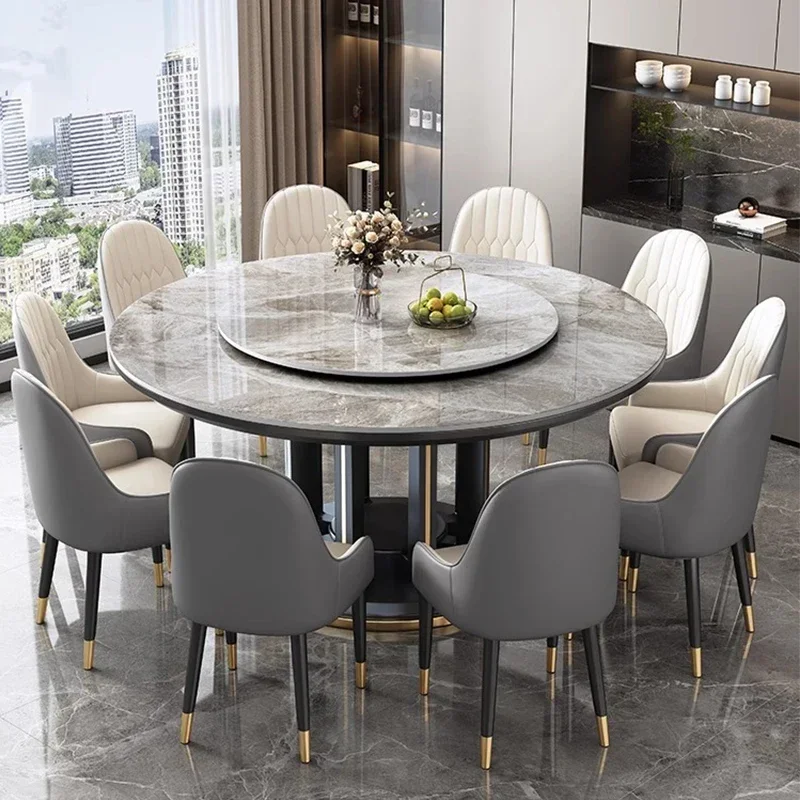 

Легкий роскошный обеденный стол и стул из каменной плиты. Современный простой бытовой круглый стол из цельного дерева с поворотным столом.