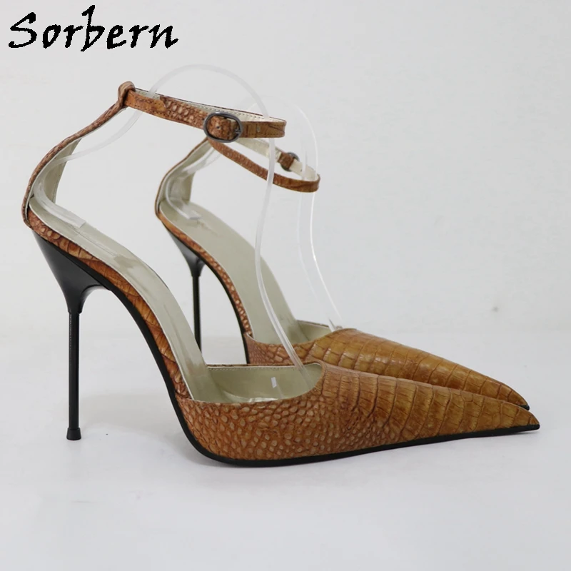 Sorbern Sexy Brown Crocodile Ankle Strap Pumps Women Pointy Toes Metal High Heel 13Cm Stilettos Sissy Boy Night Club Footwear