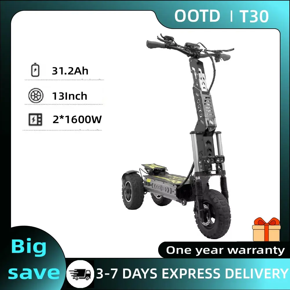 Trottinette électrique OOTD T30, moteur 3200W, vitesse maximale 55 km/h, pneus tout-terrain de 13 pouces, capacité de charge de 200 kg pour adultes